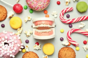 A photo of fake teeth and all the bad foods and candies that can cause cavities